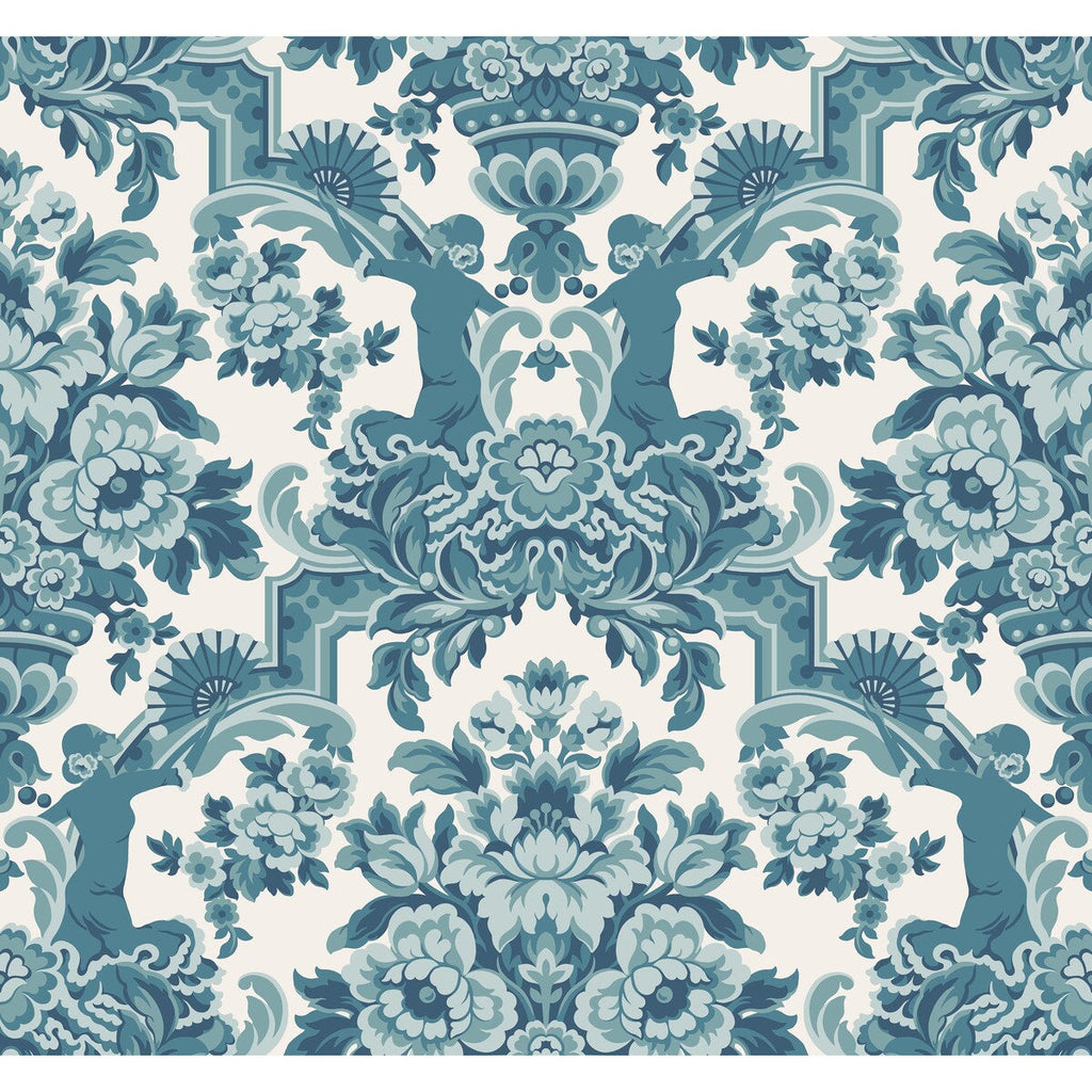 Samples and Purchasing available for Lola - Petrol Blues On White  Teal By Cole & Son | Cole & Son Seville |Damask Novelty Wallcovering Print at Designer Wallcoverings and Fabrics