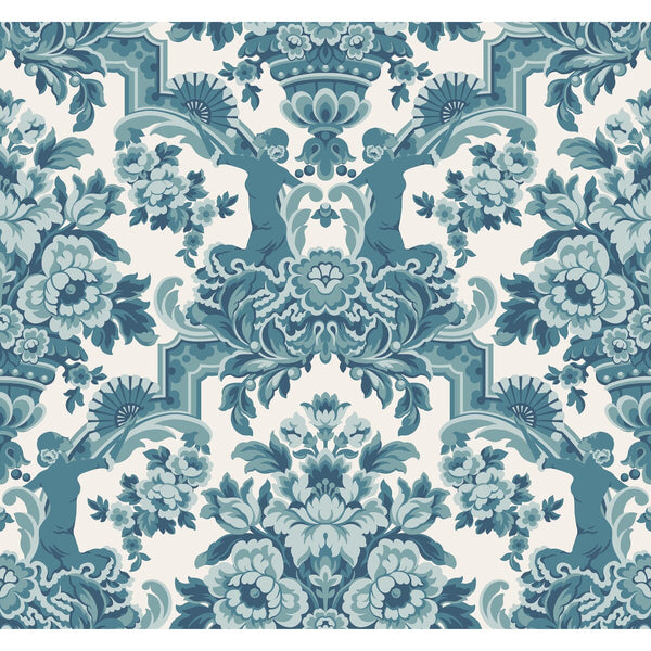 Samples and Purchasing available for Lola - Petrol Blues On White  Teal By Cole & Son | Cole & Son Seville |Damask Novelty Wallcovering Print at Designer Wallcoverings and Fabrics