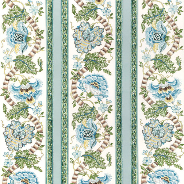 Samples and Purchasing available for Lauris Print - Aqua/Leaf White By Brunschwig & Fils | Cadenet |Botanical & Floral Stripes Multipurpose Print at Designer Wallcoverings and Fabrics