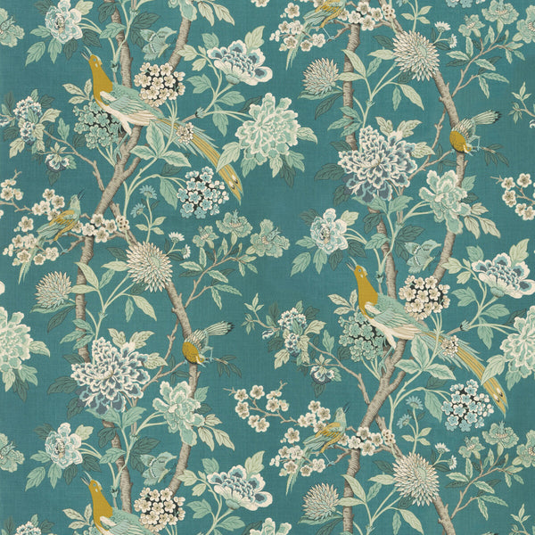 Samples and Purchasing available for Hydrangea Bird (Archive) - Teal Teal By G P & J Baker | Chifu |Botanical & Floral Flora & Fauna Multipurpose Print at Designer Wallcoverings and Fabrics