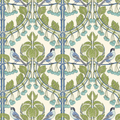 Samples and Purchasing available for Birds & Cherries - Green/Blue Blue By G P & J Baker | Original Brantwood Wallpaper |Animal/Insects  Wallcovering  at Designer Wallcoverings and Fabrics