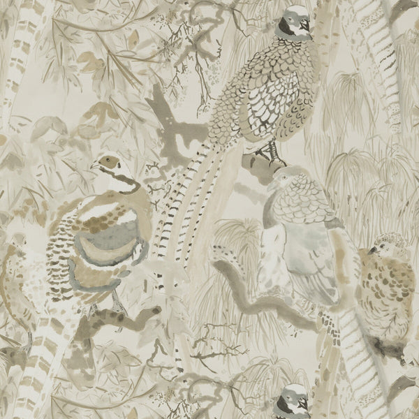 Samples and Purchasing available for Game Birds - Stone Beige By Mulberry | Modern Country |Animal/Insects Botanical & Floral Wallcovering Print at Designer Wallcoverings and Fabrics