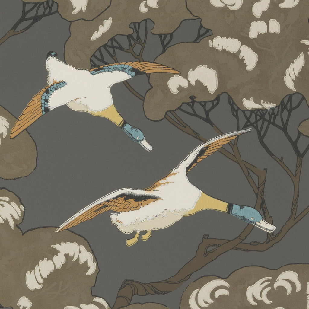 Samples and Purchasing available for Flying Ducks - Charcoal Black By Mulberry | Modern Country |Animal/Insects Botanical & Floral Wallcovering Print at Designer Wallcoverings and Fabrics