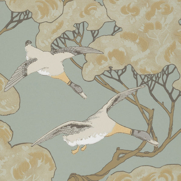 Samples and Purchasing available for Flying Ducks - Slate Blue Blue By Mulberry | Modern Country |Animal/Insects Botanical & Floral Wallcovering Print at Designer Wallcoverings and Fabrics