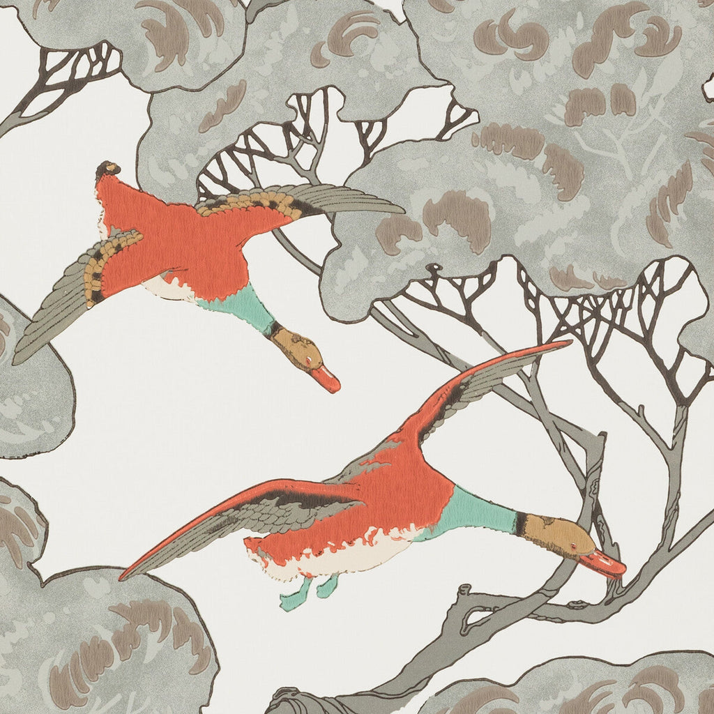 Samples and Purchasing available for Flying Ducks - Coral/Clay Beige By Mulberry | Modern Country |Animal/Insects Botanical & Floral Wallcovering Print at Designer Wallcoverings and Fabrics