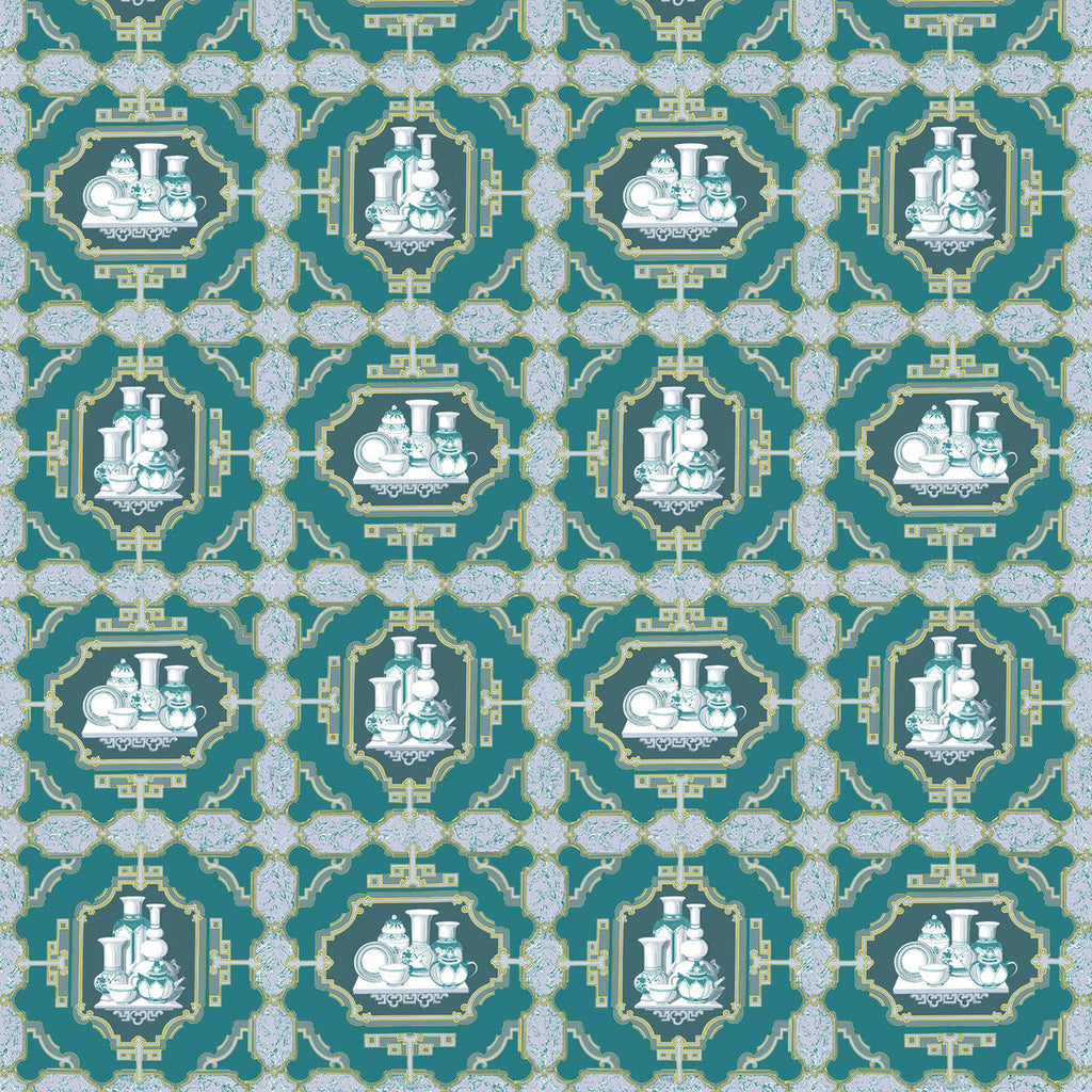 Samples and Purchasing available for Porcelanas - Esmeralda Teal By Gaston Y Daniela | Gaston Libreria |Novelty  Multipurpose Print at Designer Wallcoverings and Fabrics