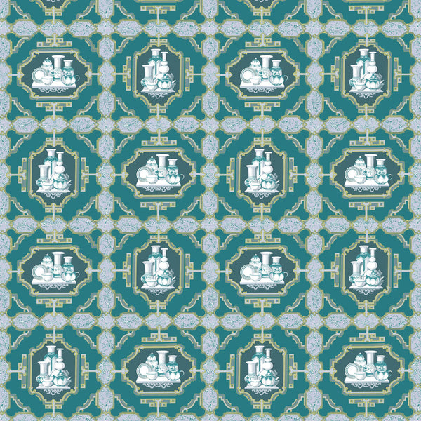 Samples and Purchasing available for Porcelanas - Esmeralda Teal By Gaston Y Daniela | Gaston Libreria |Novelty  Multipurpose Print at Designer Wallcoverings and Fabrics