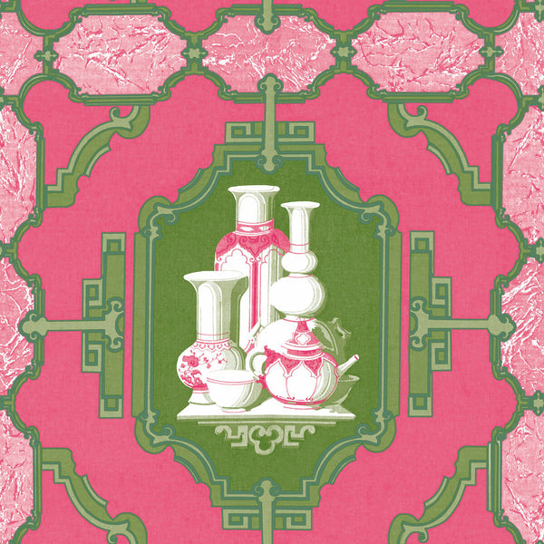 Samples and Purchasing available for Porcelanas - Frambuesa/Verde Pink By Gaston Y Daniela | Gaston Libreria |Lattice/Scrollwork Novelty Wallcovering Print at Designer Wallcoverings and Fabrics