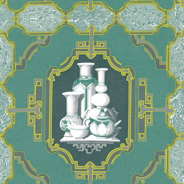 Samples and Purchasing available for Porcelanas - Esmeralda Teal By Gaston Y Daniela | Gaston Libreria |Lattice/Scrollwork Novelty Wallcovering Print at Designer Wallcoverings and Fabrics