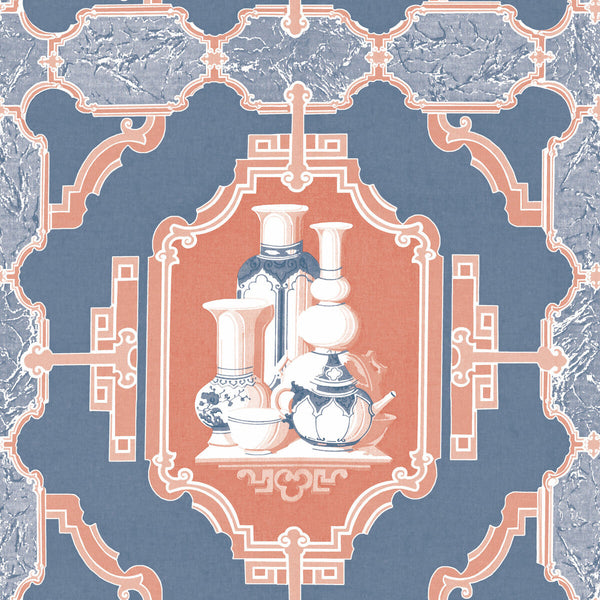 Samples and Purchasing available for Porcelanas - Azul/Rojo Dark Blue By Gaston Y Daniela | Gaston Libreria |Lattice/Scrollwork Novelty Wallcovering Print at Designer Wallcoverings and Fabrics