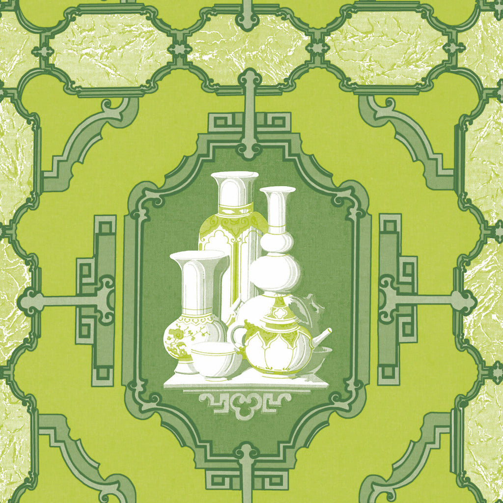 Samples and Purchasing available for Porcelanas - Lima Green By Gaston Y Daniela | Gaston Libreria |Lattice/Scrollwork Novelty Wallcovering Print at Designer Wallcoverings and Fabrics