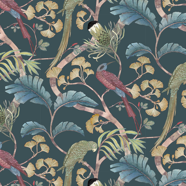 Samples and Purchasing available for Living Branches - 2 Teal By Kravet Couture | Josephine Munsey Portfolio I |Animal/Insects Botanical & Floral Wallcovering Print at Designer Wallcoverings and Fabrics