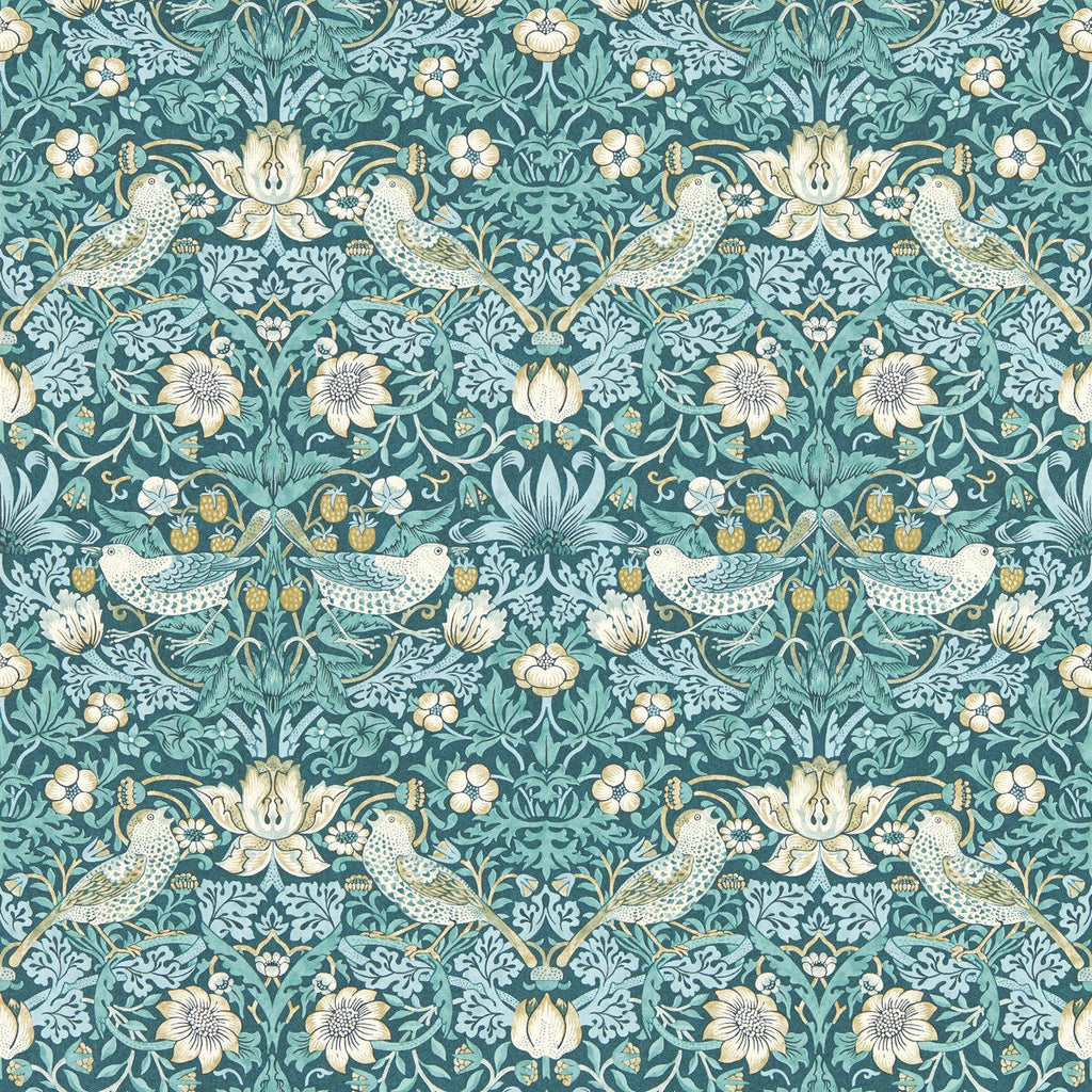 Samples and Purchasing available for Strawberry Thief - Teal Wp Teal By Clarke And Clarke | Clarke & Clarke William Morris Wallcovering |Botanical & Floral Animal/Insects Wallcovering Print at Designer Wallcoverings and Fabrics