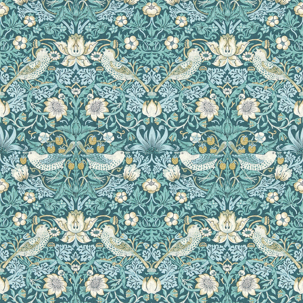 Samples and Purchasing available for Strawberry Thief - Teal Wp Teal By Clarke And Clarke | Clarke & Clarke William Morris Wallcovering |Botanical & Floral Animal/Insects Wallcovering Print at Designer Wallcoverings and Fabrics