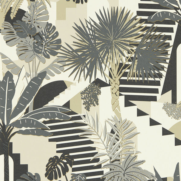 Samples and Purchasing available for Malindi - Charcoal Wp Black By Clarke And Clarke | Clarke & Clarke Breegan Jane Wallcovering |Botanical & Floral Metallic Wallcovering Print at Designer Wallcoverings and Fabrics