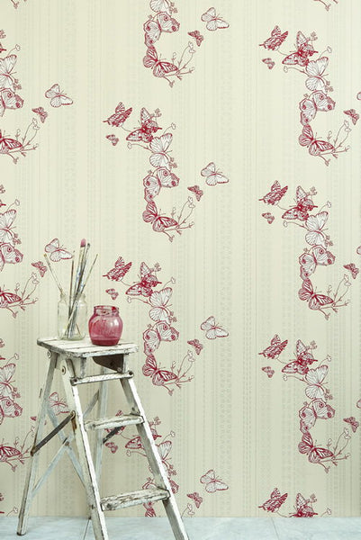 Butterfly and Bugs Wall Paper - Rasberry Red