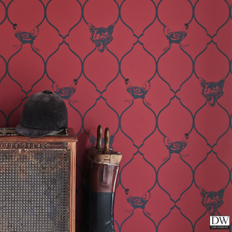 Fox and Hen Wallpaper - Brick Red