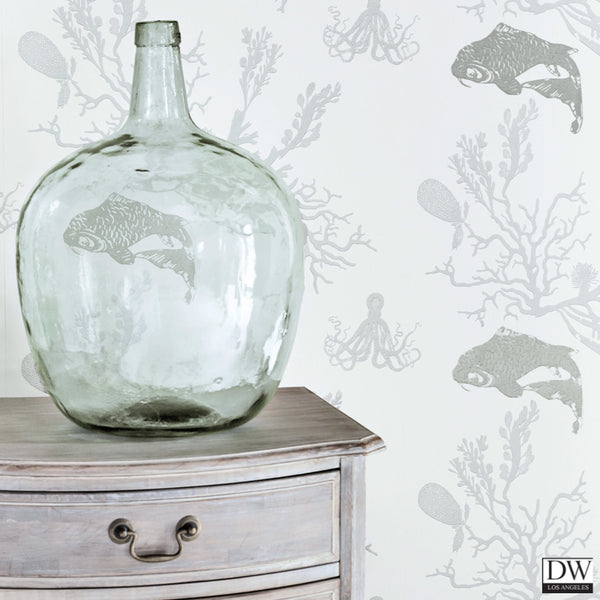 Coral Coy Fish Wallpaper -Pale Grey Silver