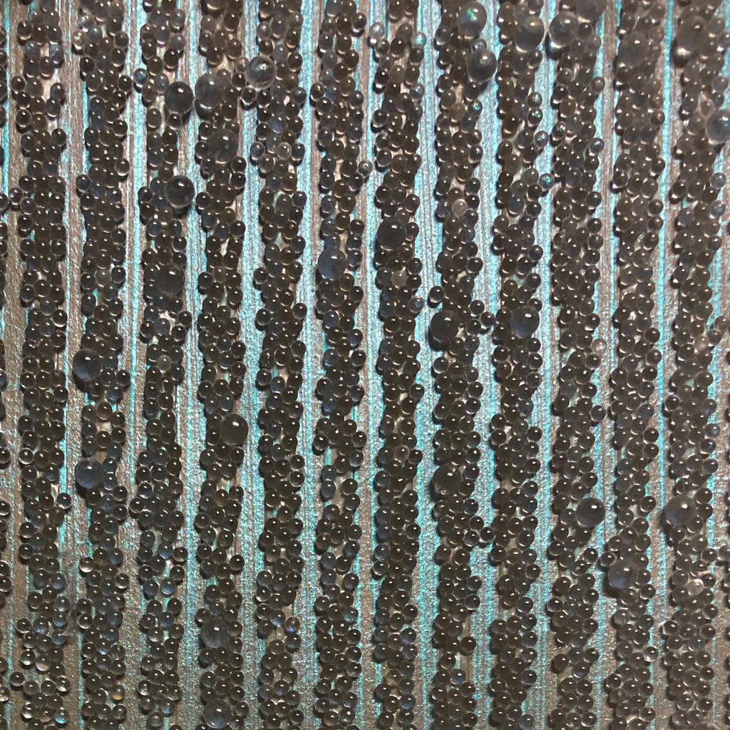 Gleaming Glambeads Aqua and Taupe Metallic Stripe Glass Bead Wallpaper - Designer Wallcoverings and Fabrics